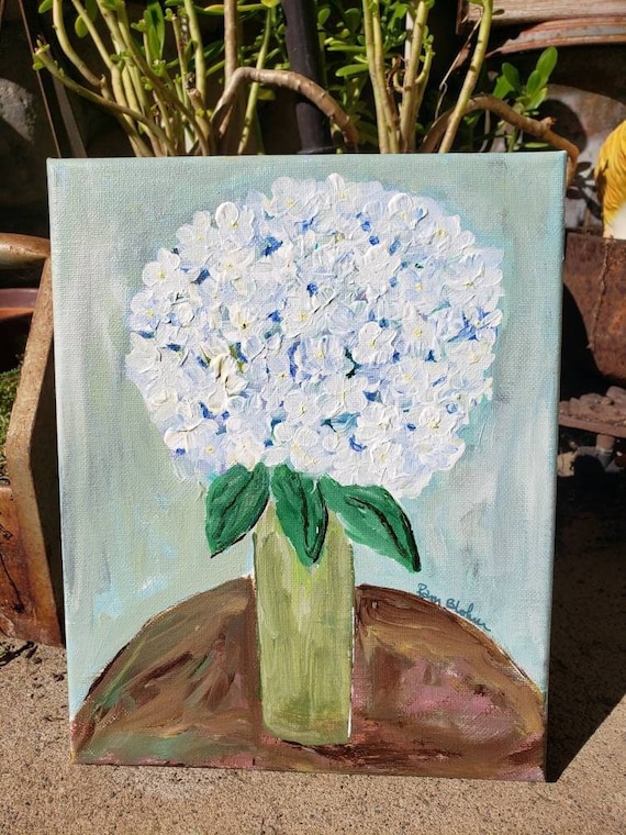 Original "Vase of Blue Hydrangea" Acrylic Painting-8x10 stretched canvas- Blue Hydrangea artwork