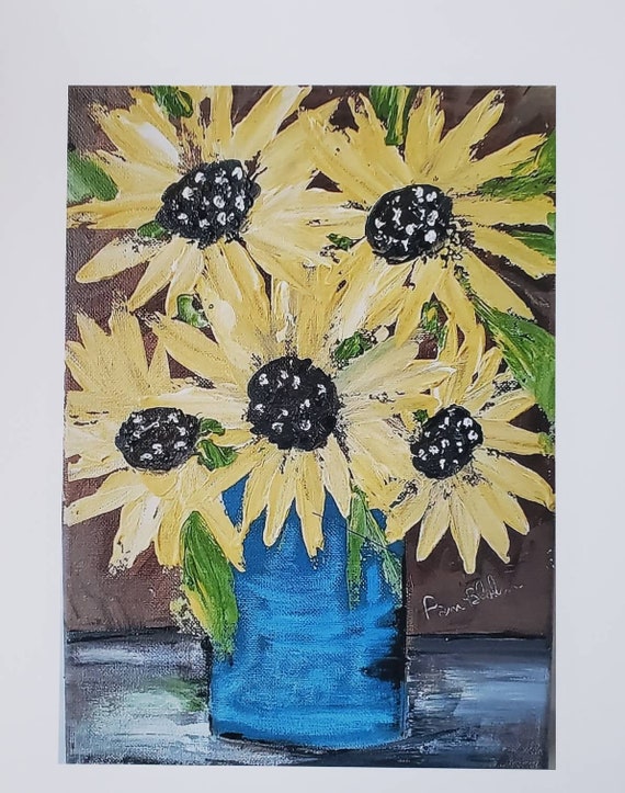 Artist PRINT "Sunflower Bouquet" from original acrylic painting by Pam Blohm- White matted to 8x10 frame size