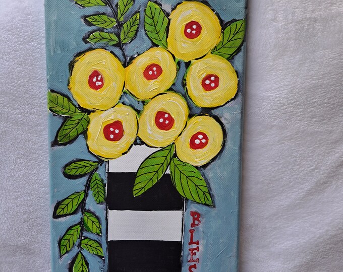 Original Acrylic Painting-"Blessed" Yellow Flowers in Black and White Striped Vase- 7x14 " vertical wall art- Floral home decor