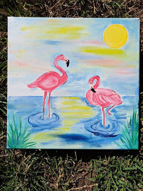 Pink Flamingos seaside -12×12 Original acrylic painting- tropical Flamingo artwork -Flamingo Spirit Animal