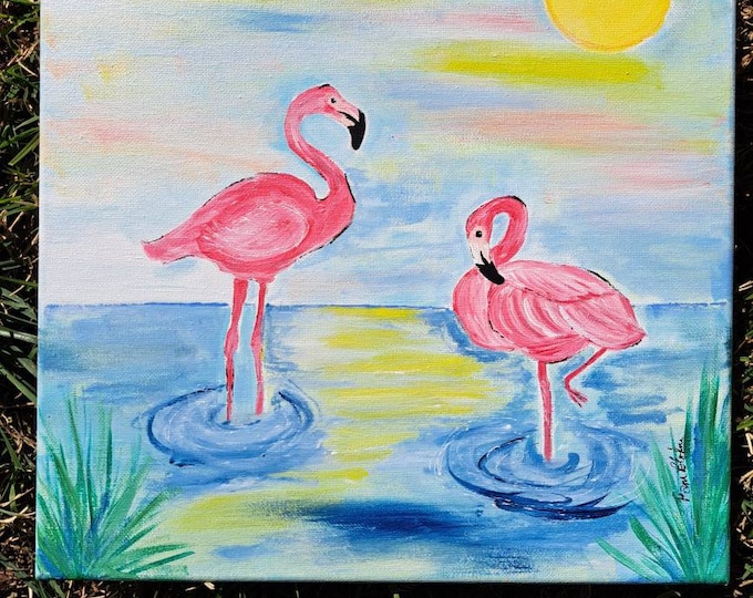 Pink Flamingos seaside -Original acrylic painting- tropical Flamingo artwork -12x12 Flamingo Spirit Animal