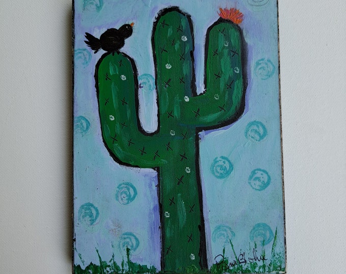 Flowering Cactus Original Acrylic Painting- 5x7 Upcycled Birch Plywood- small art cactus art