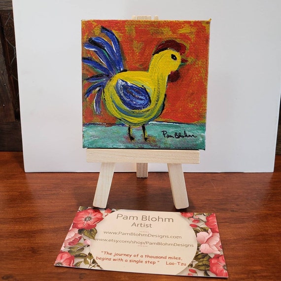 TINY art "Colorful Chicken" - 3x3 inch original acrylic painting with display easel- small gift idea under 20-TierTray kitchen art-mini art