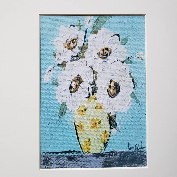 PRINT "Vase of White Flowers" Floral artwork - Blue and Yellow Theme wall art - Flowers in vase white matted to 8x10 frame size