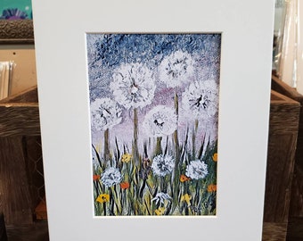 Artist PRINT "Dandelions in the Wildflowers " - 5x7 print in 8x10 white mat.  8x10 ready to frame dandelion artwork