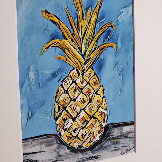 PRINT "Abstract Pineapple" modern design- white matted to 8x10 frame size -Hawaii Fruit Print-yellow and blue kitchen decor