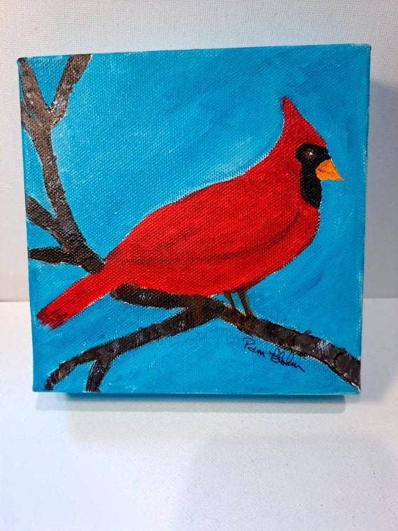 Red Cardinal " Morning Greeting " - Original Acrylic Painting-6x6 deep wrapped canvas- Cardinal Bird Painting - Spiritual Bird art