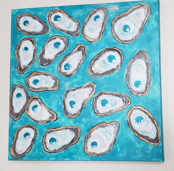 OYSTERS Large Art "In the Beginning" -20x20 Original acrylic painting-Turquoise Pearls Restaurant /Dining Room Wall Art
