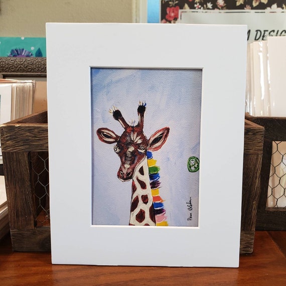 Artist PRINT- Rainbow Mane Giraffe - Zoo Theme Nursery wall art - Unframed white matted to 8x10