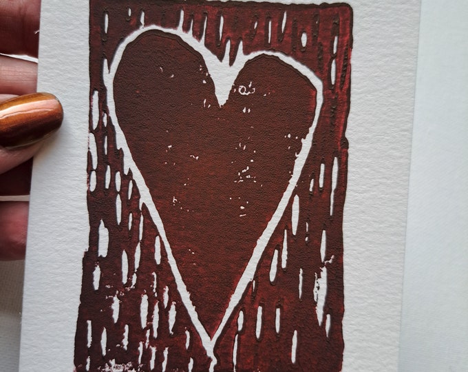 Linoleum Block Print "Heart" art - Dark BROWN ink 3x5 - small art Lino Block Art-small art under 10-Small gift under 10