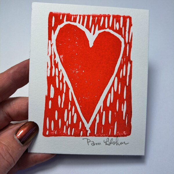 Red Heart Block Print - 5x7 "- Small art Heart gift idea- Lino Block Print  - Heart art Home Decor