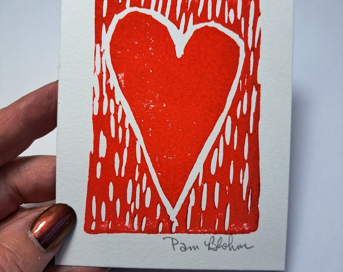 Red Heart Block Print - 5x7 "- Small art Heart gift idea- Lino Block Print  - Heart art Home Decor