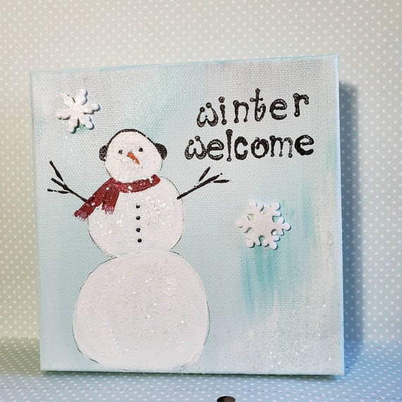 One of a kind original acrylic painting / Winter Welcome snowman artwork fun/ home or office decor