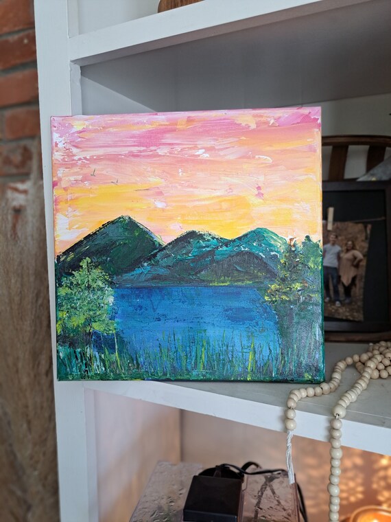Lake and Mountains Landscape "Summer Sunset" Original acrylic painting-12x12 Stretched canvas