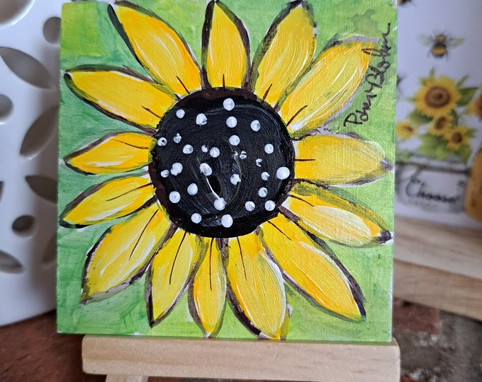 Small art Sunflower Original Acrylic Painting on Wood Panel-3x3x.25- Yellow Sunflower artwork includes display easel