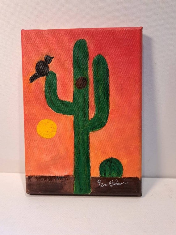 Cactus at Sunset " Nightfall Saguaro " original acrylic painting-5x7 stretched canvas Desert artwork