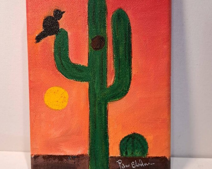 Cactus at Sunset " Nightfall Saguaro " original acrylic painting-5x7 stretched canvas Desert artwork