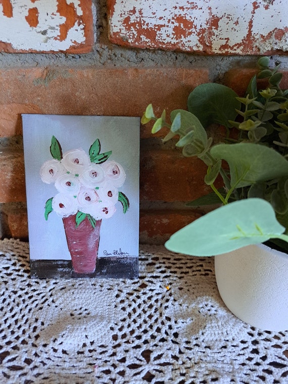 Floral Bouquet Original Acrylic Painting-4x6 inch Small art -vase of Flowers Painting - Roses Artwork -Gift idea under 25