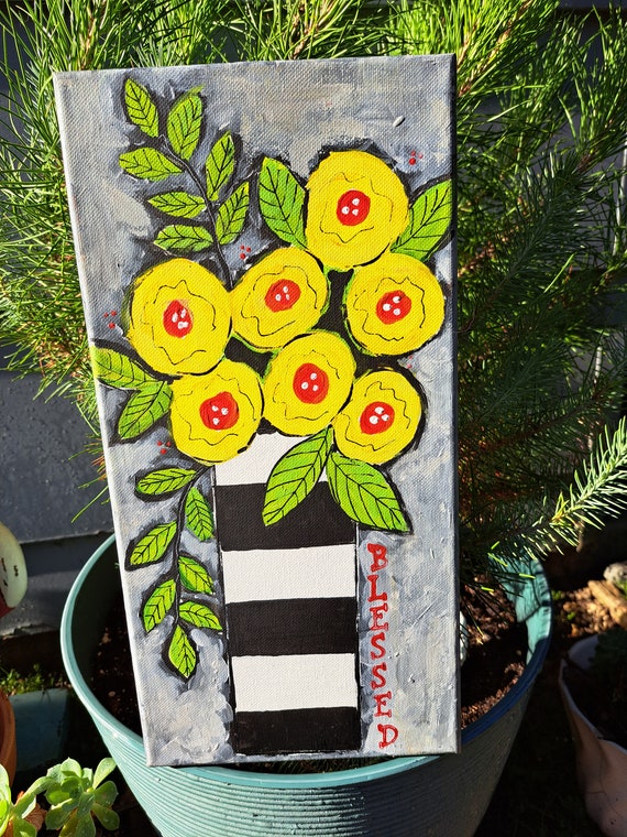 Original Acrylic Painting-Yellow Flowers in Black and White Striped Vase- 7x14 " vertical wall art- Floral home decor