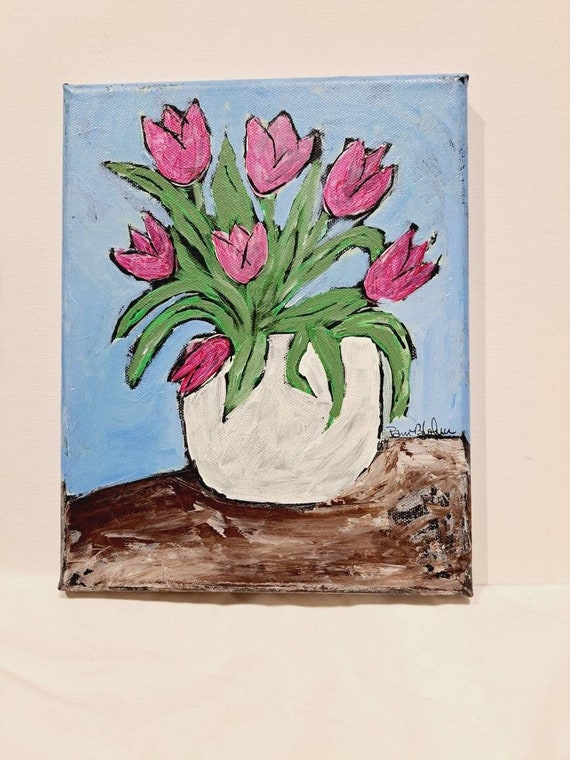 Pink Tulips- Original Acrylic Painting- 8x10 Floral Home Decor Vase of tulip flowers wall art