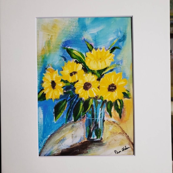 Art PRINT "Sunflowers Bouquet" -  Yellow Sunflowers Artwork -White Matted to 8x10 frame size- Garden Sunflowers Home Decor