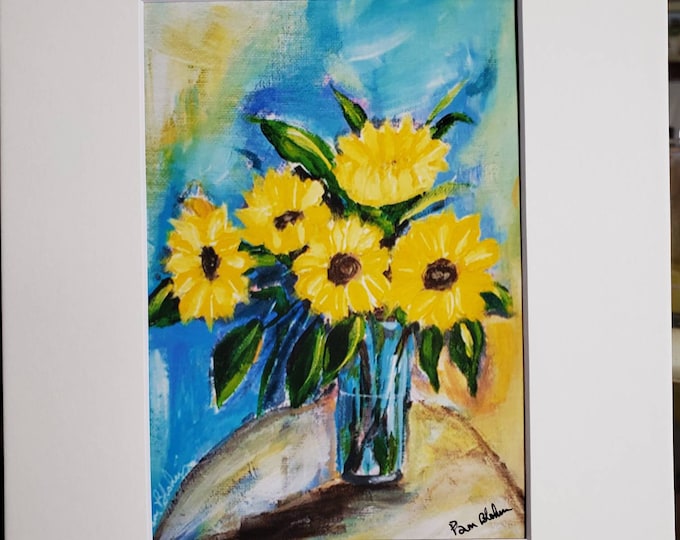 Artist  PRINT- "Sunflowers Bouquet" -Vase of Yellow Sunflowers  Artwork -White Matted to 8x10 frame size- Garden flowers print