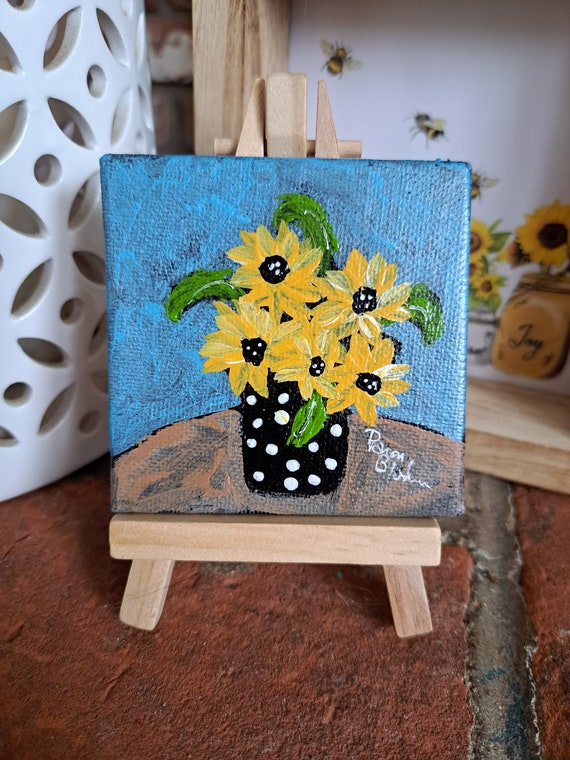 Tiny art Polka Dot Vase of Yellow Sunflowers Original Acrylic Painting -3x3 Flowers artwork includes display easel