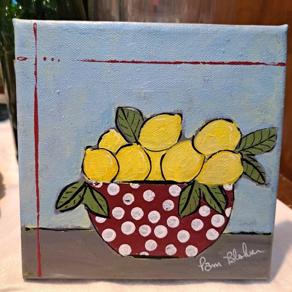 Bowl Full of Lemons Original Acrylic Painting-6x6 inch stretched canvas- kitchen decor Fruit artwork