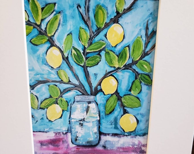 Yellow Lemons Artist PRINT "Tropical Flair" - Lemon Branch artwork -  8x10 ready to frame lemon art- kitchen wall art