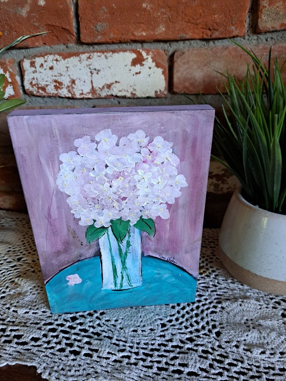 Vase of Pink Hydrangeas flowers " Glorious" -Original Acrylic Painting 6x8 Birchwood canvas- Garden Flowers -Floral Painting
