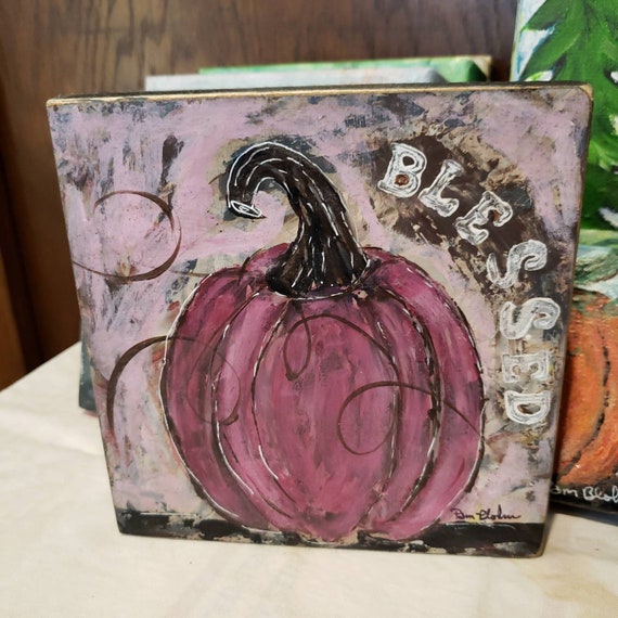 Dark Plum Colored Pumpkin- "Blessed" inspirational word Fall Home Decor- 6x6 original acrylic painting on upcycled birch plywood