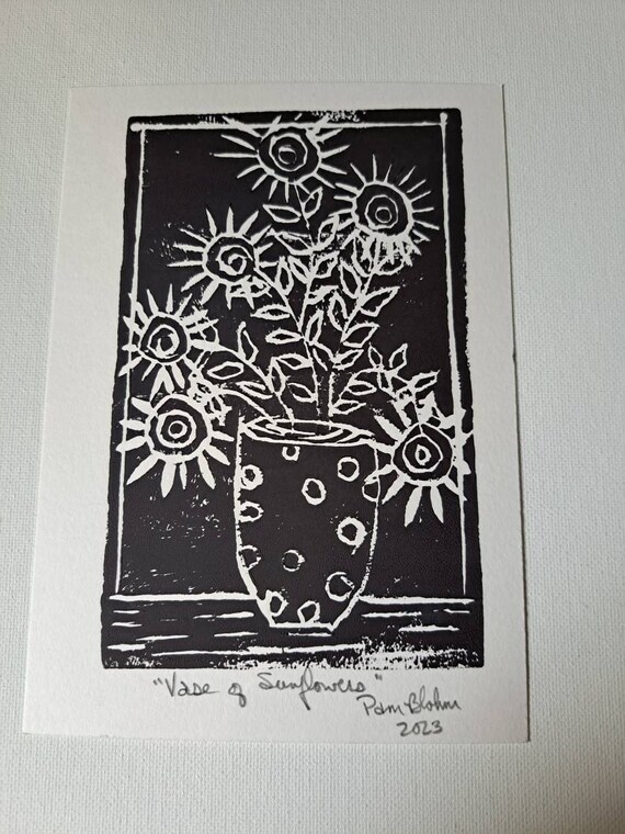 Linoleum Block Print "Sunflowers in a Vase " 5x7 unframed flower artwork - Black ink Lino Block print