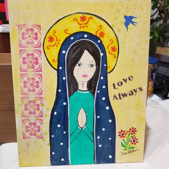 Original "Folk Art Madonna" Acrylic Painting -8x10 Canvas PANEL-Praying Madonna Religious Artwork