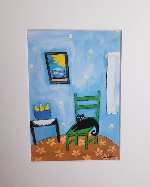 Artist PRINT "Cat on Green Chair" - Unframed White matted to 8x10 frame size- Wall art from artist original painting