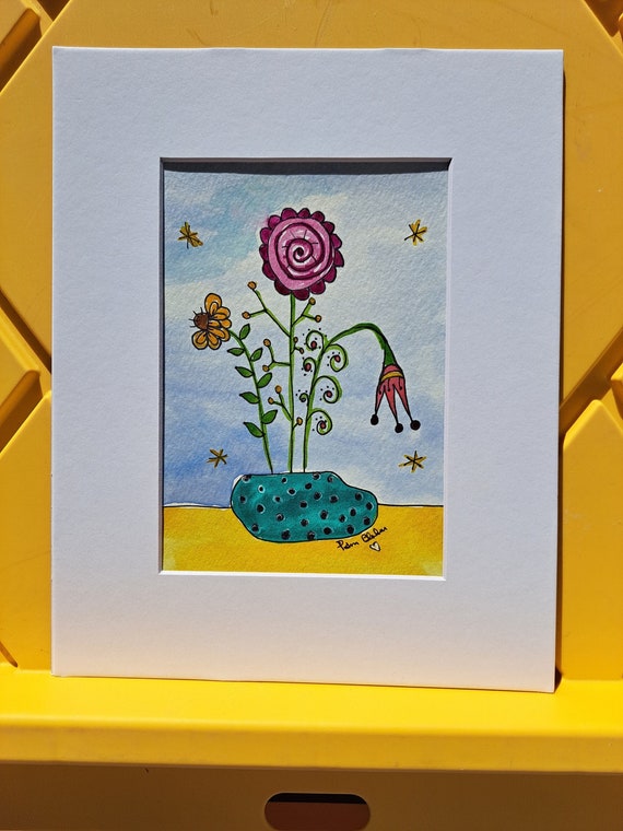 Whimsical Flowers in Teal Polka Dot Vase "Fabulous Flowers " Original Watercolor and Ink artwork - White matted to 8x10 frame size