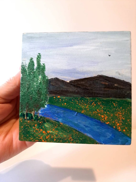 Small Landscape "California Poppy Field" -Original Acrylic Painting- 4x4 Birchwood canvas- River and Mountains small art