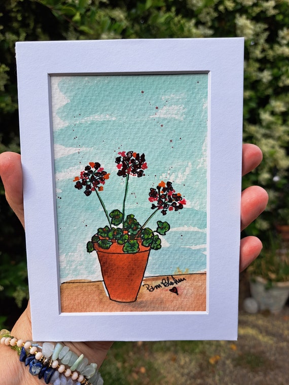 Potted "Red Geraniums" Watercolor and ink Original Painting - white matted to standard 5x7 frame size - small gift idea