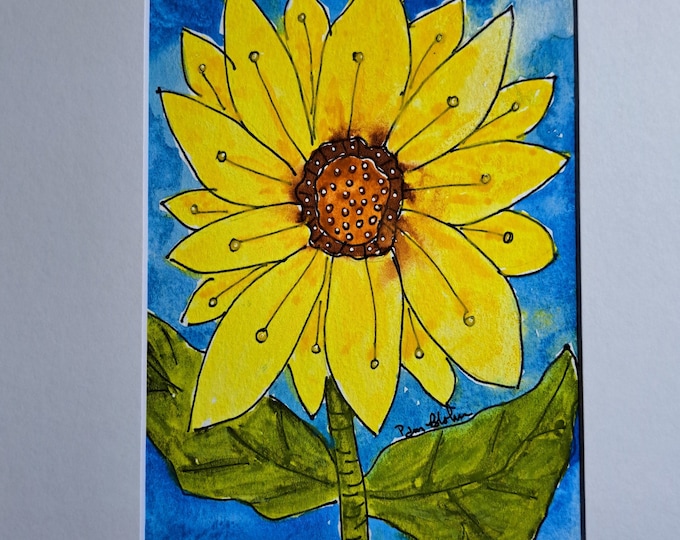 SUNFLOWER Watercolor Original "Single Sunshine " White  Matted to 8x10 frame size- Yellow and Teal wall art - Yellow Sunflower painting