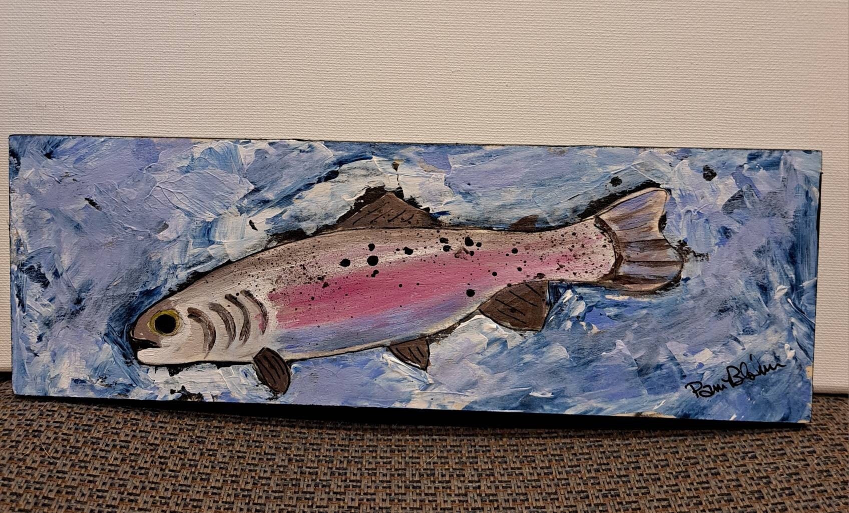 Rainbow Trout River - Fish art Original Acrylic Painting 4x12 Birchwood  Canvas -Fly Fisherman wall art- Fish Decor