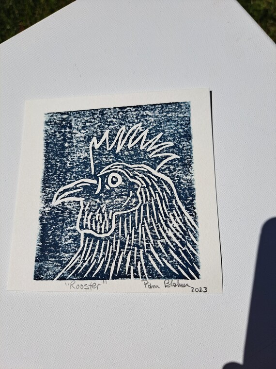 Linoleum Block Print in Denim Color "Rooster"  - unframed  5x5 " farm animal
