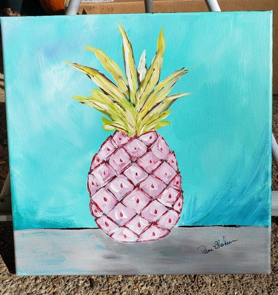 Pink Pinapple Hawaiian Fruit wall art -12x12 original acrylic painting Tropical Pinapple kitchen decor-pink and teal wall art