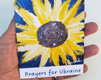 SUNFLOWER magnet "Prayers for Ukraine "- Navy Blue  and Yellow Sunflower art-3.5 x 4.25" Artist Magnet Kitchen Decor