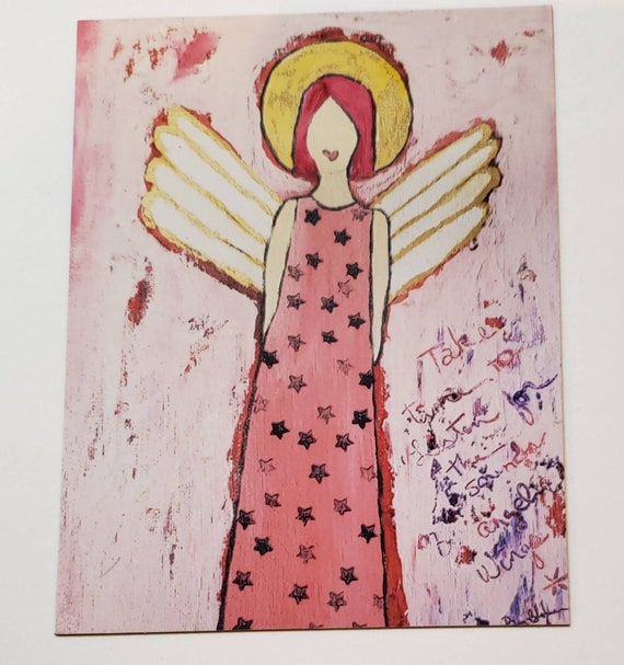 Angel Magnet-Pink hair angel in pink stars dress- small art gift idea under 5- 3.5" x 4.5 " Fridge Magnet