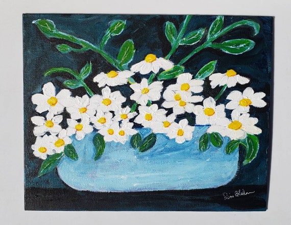 Vase of Daisy Flowers Original Acrylic Painting- White Daisies artwork-8x10 canvas panel