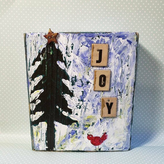 Christmas "JOY" one of a kind Mixed Media & Acrylic Painting on Pinewood Block. 6x5x1.5 appox size