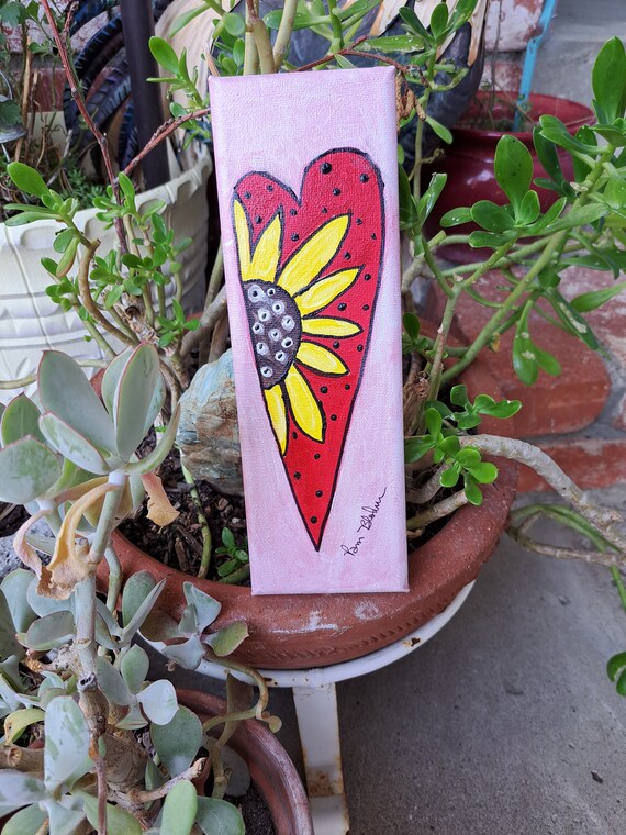 Small art "Red Heart" and Yellow Sunflower - 3x9 original acrylic painting- Pink and Red Heart -Yellow Sunflower- Small gift under 25