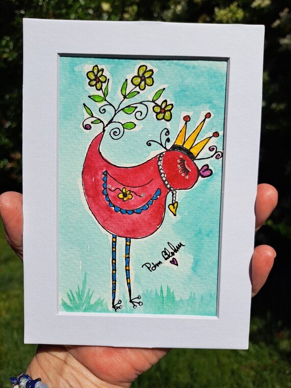 Original "Pink Birdie with Crown " - 5x7 Watercolor and Ink Whimsical painting- Home Decor