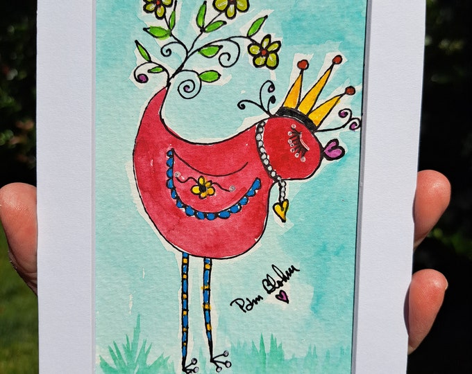 Original  "Pink Birdie with Crown " - 5x7 white matted frame size -Watercolor and Ink Whimsical painting- Home Decor