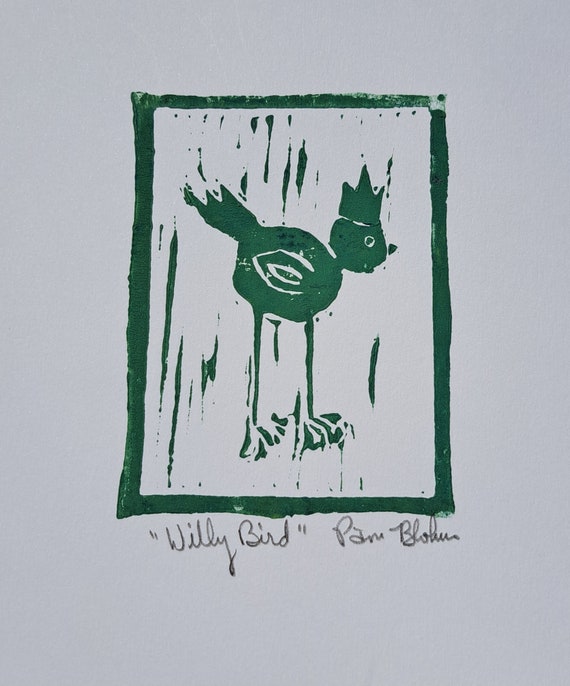 Linoleum Block Print-Green Whimsical Bird Print " Willy Bird" - 7 x 7.75