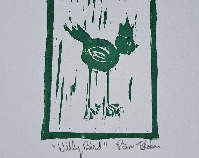 Whimsical  " Willy Bird" -Lino block print Green ink - 7" x 7.75" unframed wall art - Green home decor wall art